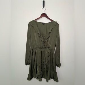 Express Silky Long Sleeve Green Knee Length Ruffle Dress